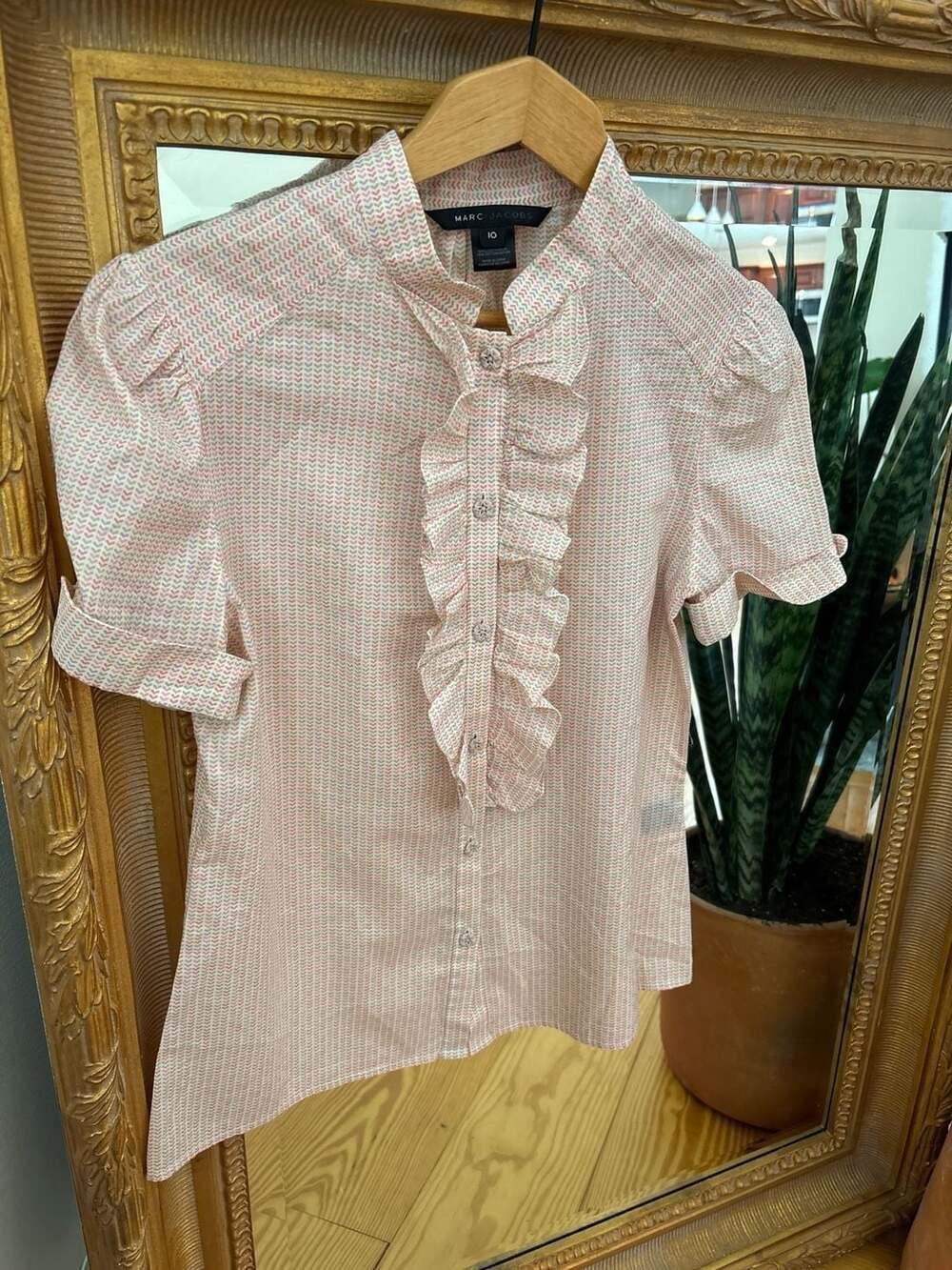 Marc Jacobs Ruffle Front Puff Sleeve Chevron Print Cotton Blouse Size 10